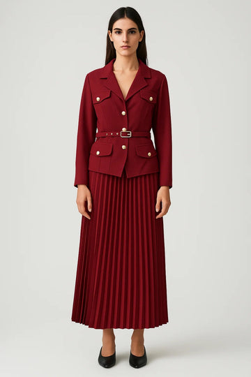 Women’s Elegant Double-Breasted Blazer and Pleated Midi Skirt Set – Tailored Formal Two-Piece in Bordeaux