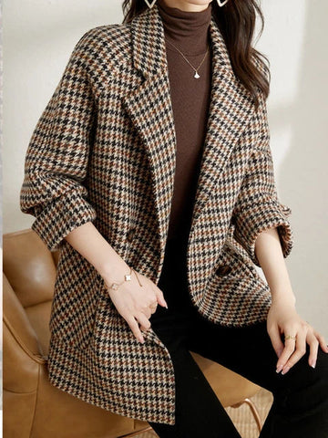 Women’s Long Checkered Blazer – Classic Autumn Winter Style