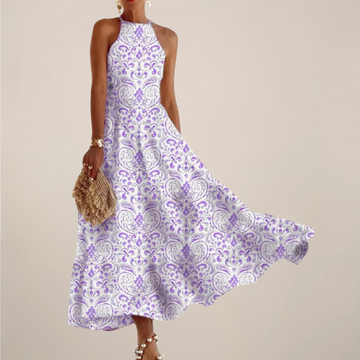 Women’s Printed Halter Neck Maxi Dress – A-Line Flowy Summer Dress