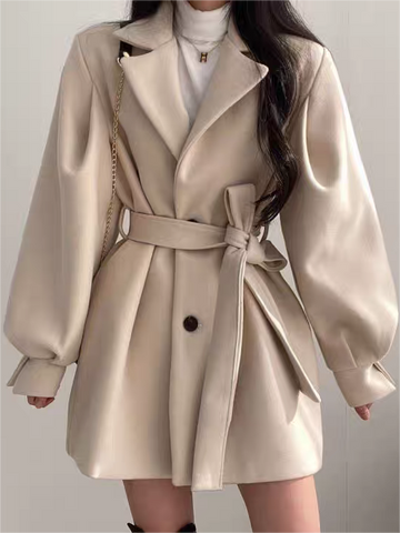 Women’s Puff Sleeve Belted Coat – Lapel Collar, Short Length