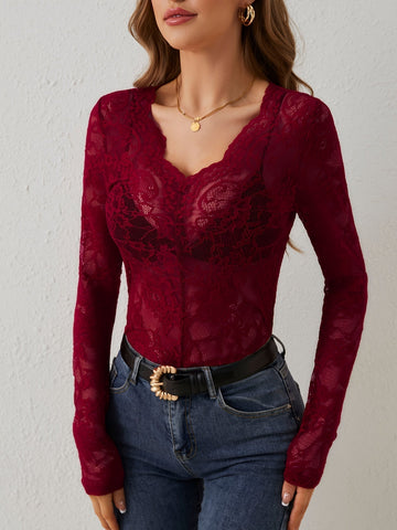 Women’s V-Neck Lace Style Top – Slim Fit Long Sleeves