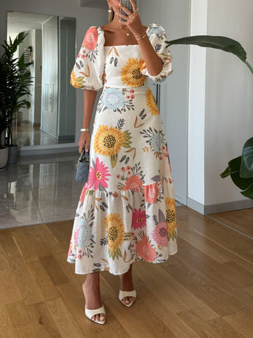 Women's Elegant Floral Maxi Dress - Square Neck Puff Sleeves - Open Back - Tiered Ruffle Hem - Floor Length Wedding Guest Style