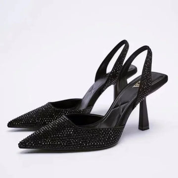 Women's Embellished Slingback Heels - Pointed Toe and Stiletto with All-Over Diamanté