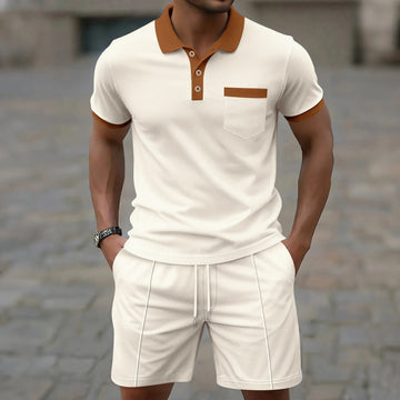 Men's Two Piece Short Set - Waffle Texture Polo Shirt and Drawstring Shorts with Contrast Collar and Cuff Trim Casual Summer Style