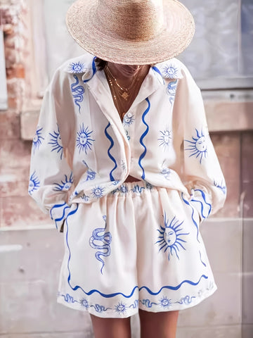 Women’s Printed Two-Piece Shirt and Shorts Set – Sun Motif Summer Co-Ord