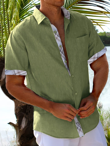 Men's Short Sleeve Button Front Shirt - Check Pattern Trim