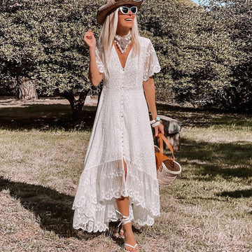 Women's Lace Maxi Dress V-Neck Button-Front