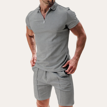 Men's Short Sleeve Zip Polo Shirt - Drawstring Shorts Matching Set