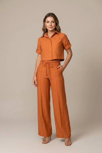 Women's Short Sleeve Button-Up Shirt - Wide Leg Trousers Two Piece Set