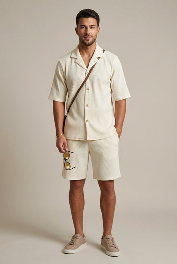Men's Ribbed Short Sleeve Shirt - Drawstring Trousers Two Piece Set