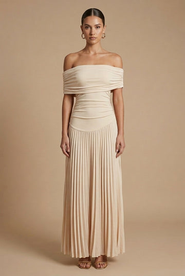Women's Pleated Maxi Dress - Off Shoulder Wedding Guest Style