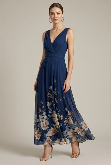 Women's V - Neck Floral Border Print Sleeveless Maxi Dress