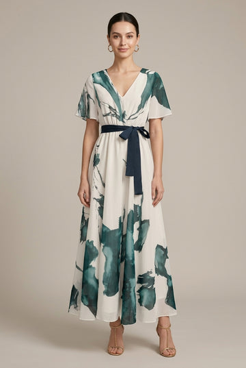 Women's Abstract Print Wrap V-Neck Short Sleeve Tie Waist Maxi Dress