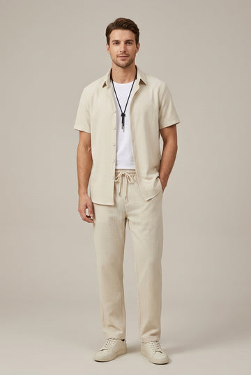 Men's Two Piece Set - Waffle Knit Shirt - Tailored Straight Leg Trousers