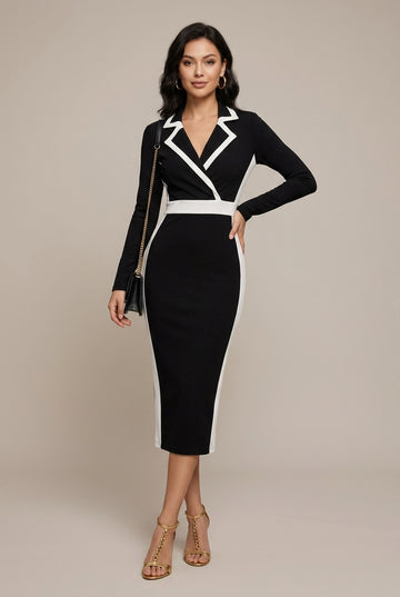 Women's Tailored Blazer Style Contrast Trim Long Sleeve Bodycon Midi Dress