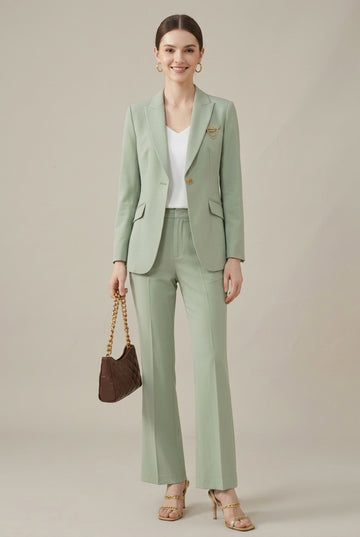 Women's Tailored Shawl Collar Blazer and Straight-Leg Trouser Set - Single-Breasted with Gold-Tone Buttons