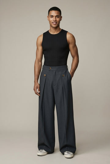 Men's Wide Leg Pleated Trousers - High Waisted Button Closure