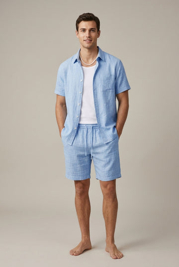 Men's Short Sleeve Linen Blend Shirt - Drawstring Shorts Two-Piece Set