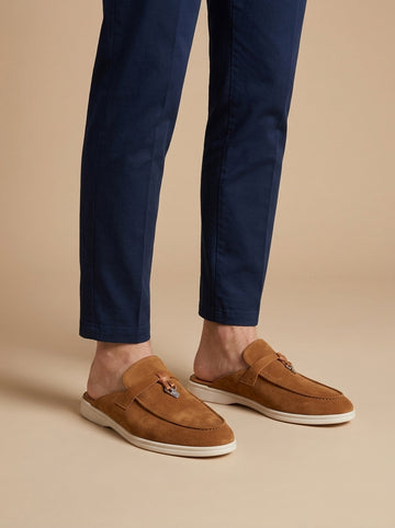 Men's Suede Mule Loafers - Open Back - Metal Bar Detail - Flat Rubber Sole