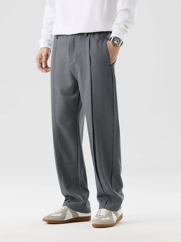 Men's Wide-Leg Straight Trousers - Elasticated Waist - Centre Front Seam - Front Slash Pockets - Rear Buttoned Welt Pocket Smart Casual Style
