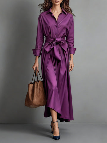 Women's Long Sleeve Button Front Midi Dress - A-Line Tie Belt