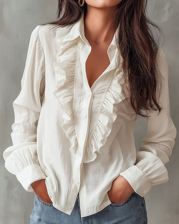 Women's Long Sleeve Ruffle Front Button Up Shirt - Collared