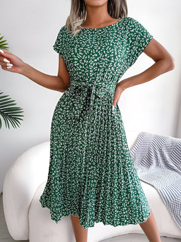 Women's Ditsy Floral Cap Sleeve Tie Waist Pleated Midi Dress