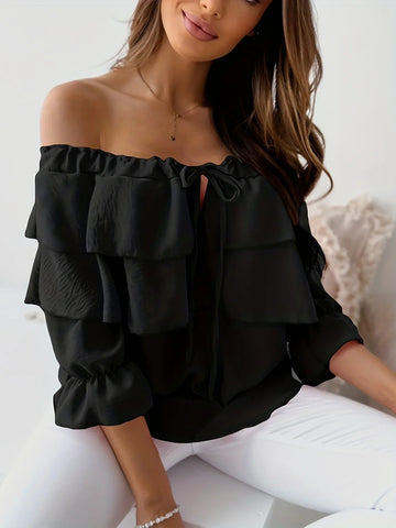 Women's Off-Shoulder Tiered Ruffle Long Sleeve Tie-Front Blouse