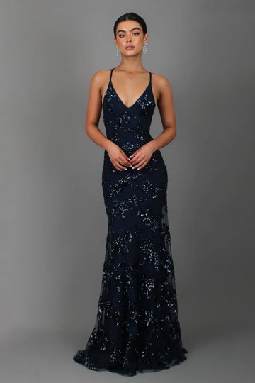 Women's Sequin Mermaid Maxi Dress - Deep V-Neck with Open Back Lace-Up and Fishtail Hem